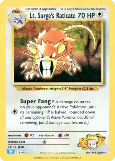 Image de la carte Pokemon Lt. Surge's Raticate 016/34