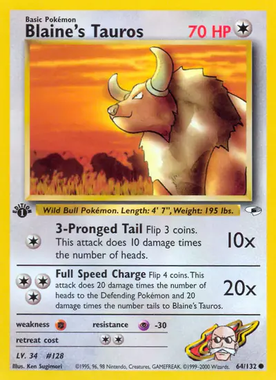 Image de la carte Pokemon Blaine's Tauros (Édition 1) 64/132
