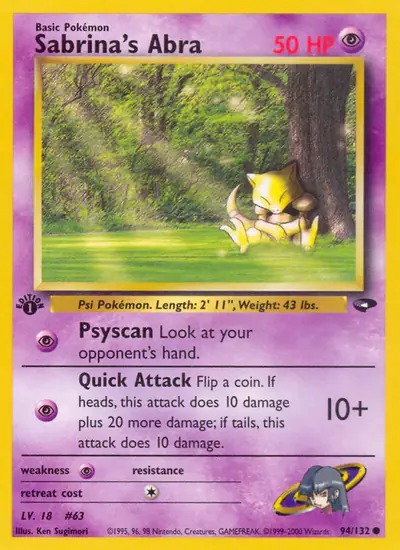 Image de la carte Pokemon Sabrina's Abra (Édition 1) 94/132