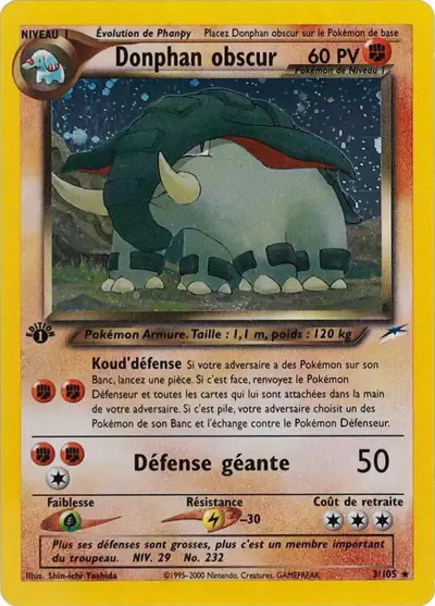 Image de la carte Pokemon Donphan Obscur (Édition 1) 3/105