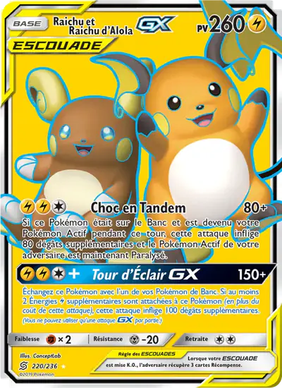 Image de la carte Pokemon Raichu et Raichu d'Alola GX 220/236