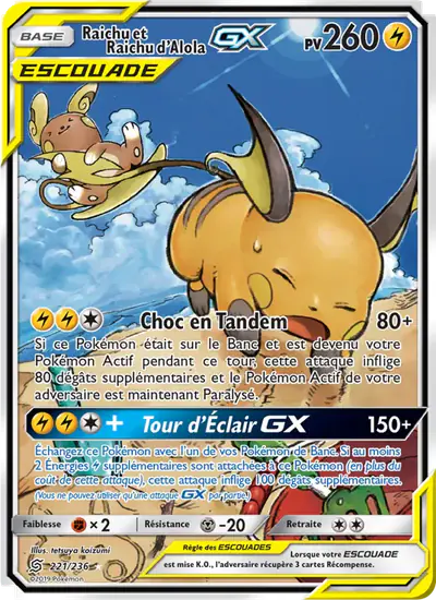 Image de la carte Pokemon Raichu et Raichu d'Alola GX 221/236