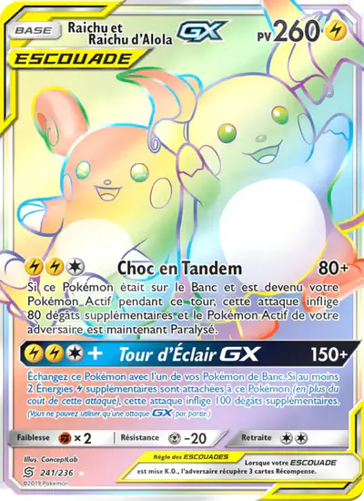 Image de la carte Pokemon Raichu et Raichu d'Alola GX 241/236