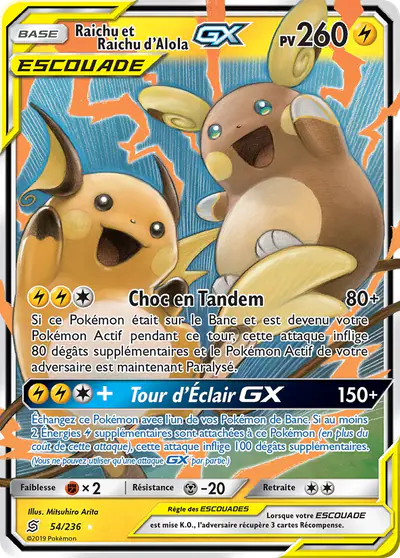 Image de la carte Pokemon Raichu et Raichu d'Alola GX 54/236