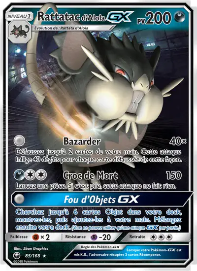 Image de la carte Pokemon Rattatac d'Alola GX 85/168