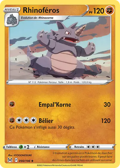 Image de la carte Pokemon Rhinoféros 090/196
