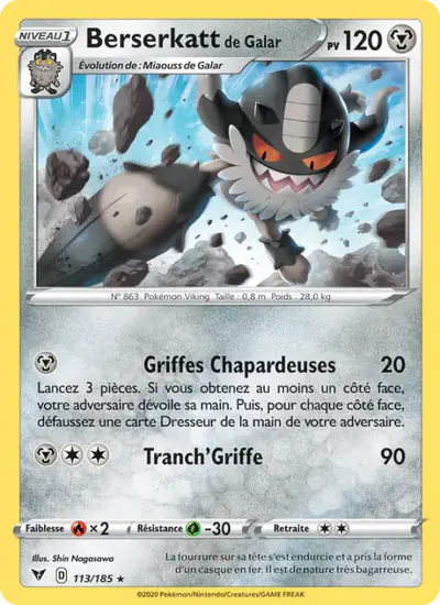 Image de la carte Pokemon Berserkatt de Galar 113/185