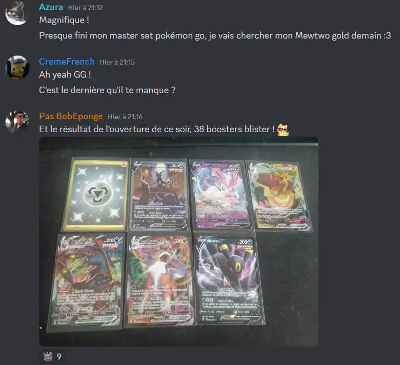 Exemple d'une conversation de partage d'ouverture de booster, entre collectionneurs de carte Pokémon