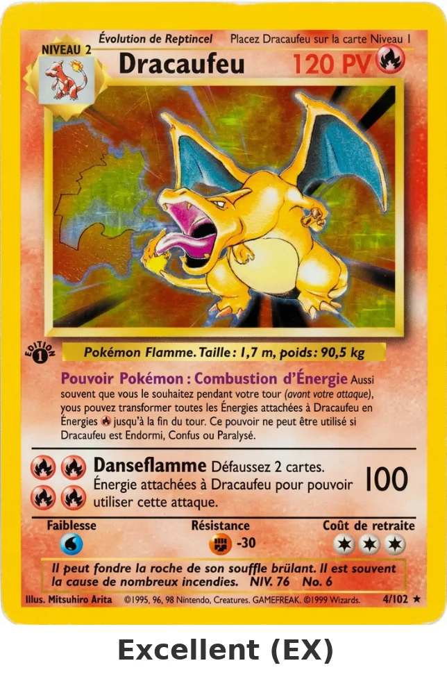 Carte Dracaufeu en état Excellent : léger blanchiment des coins et micro-rayures