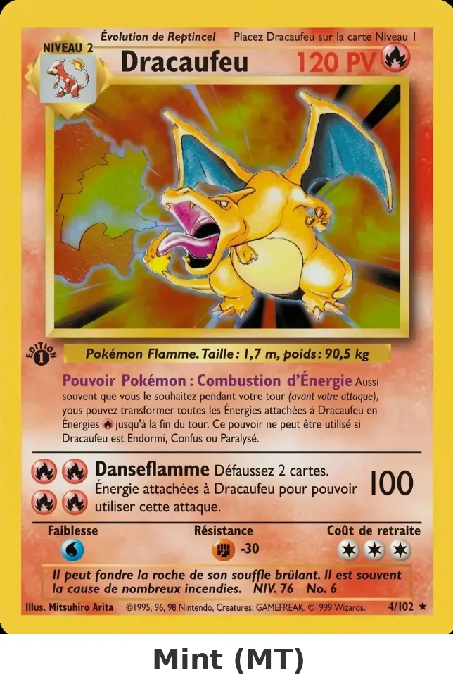 Carte Dracaufeu du Set de Base en état Mint : carte parfaite, sans aucun défaut